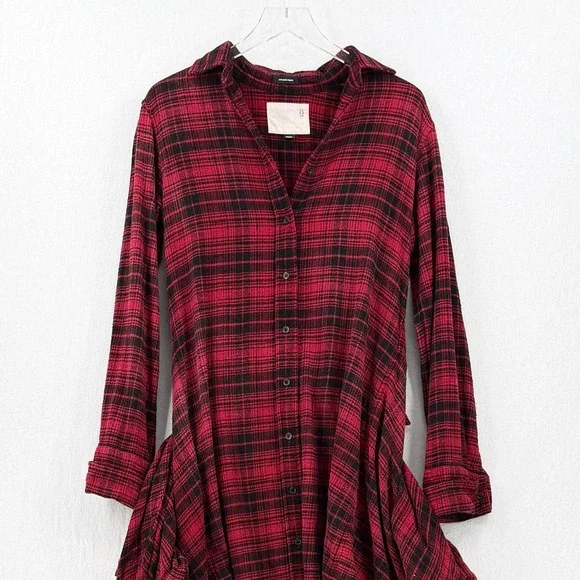 R13 Tie Flannel Midi Shirt Dress Women XS Red Black Plaid Grunge Asymmetric - Picture 8 of 16